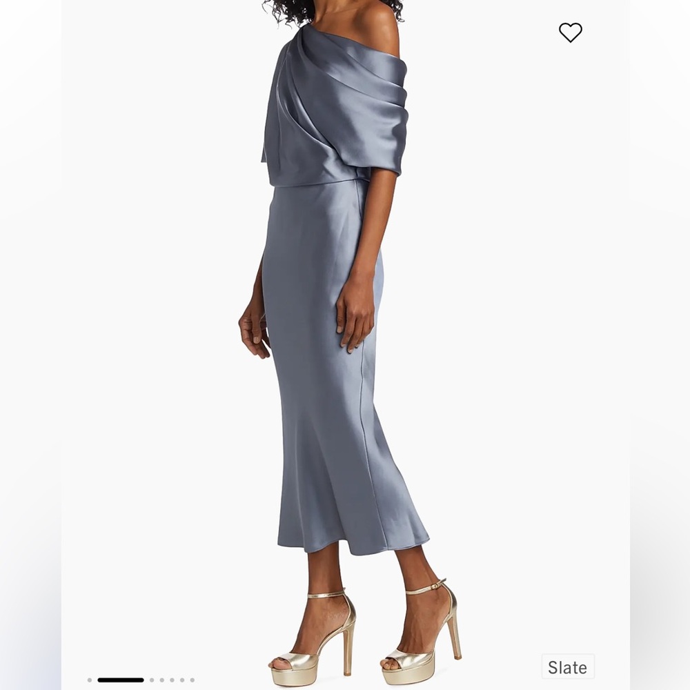 Amsale Draped Satin Pencil Midi-Dress in color Slate Size 10